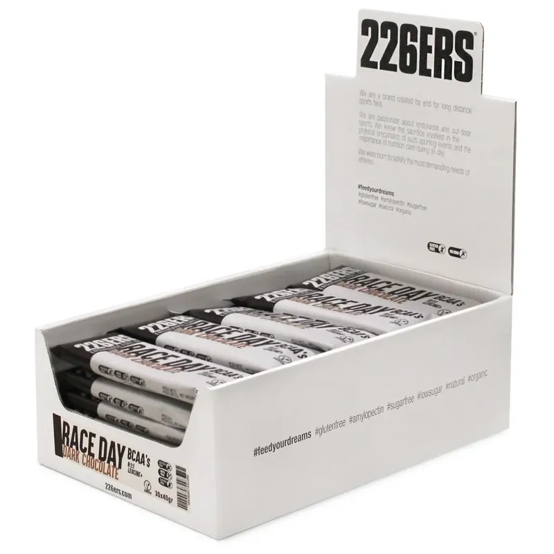 226ERS Boîte de barres énergétiques Dark Energy avec BCAA pour le jour de la course Chocolat 40g 30 unités Vente Directe