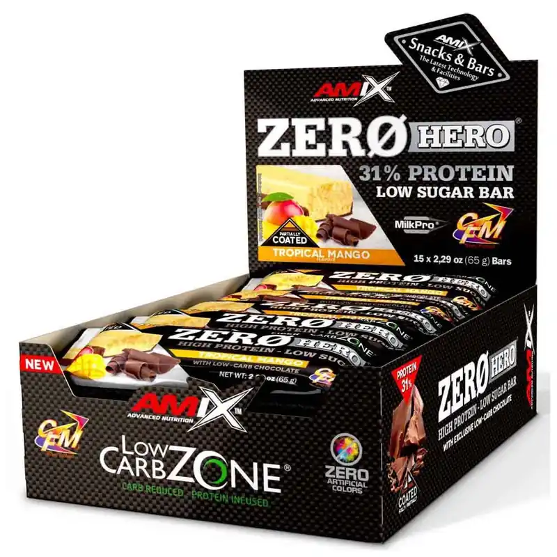Amix Boîte de barres protéinées Low Carb ZeroHero Mango 65g 15 unités Satisfait Ou Remboursé